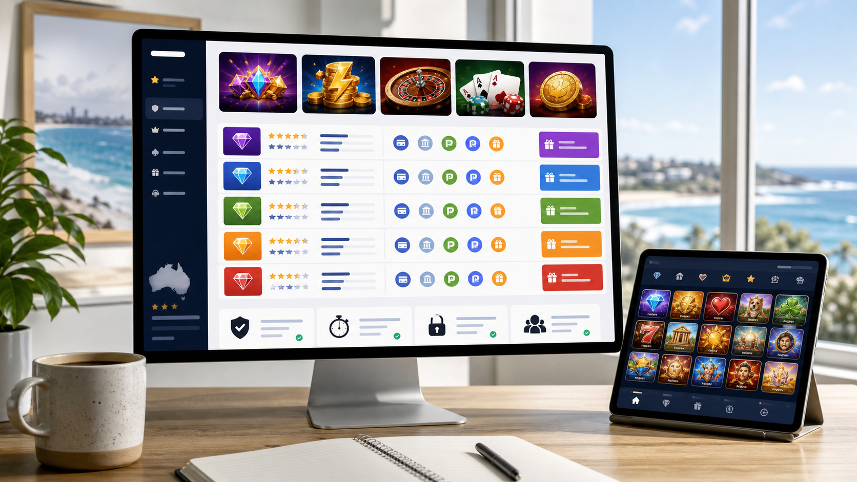 Australian casino comparison dashboard on desktop with tablet pokie lobby
