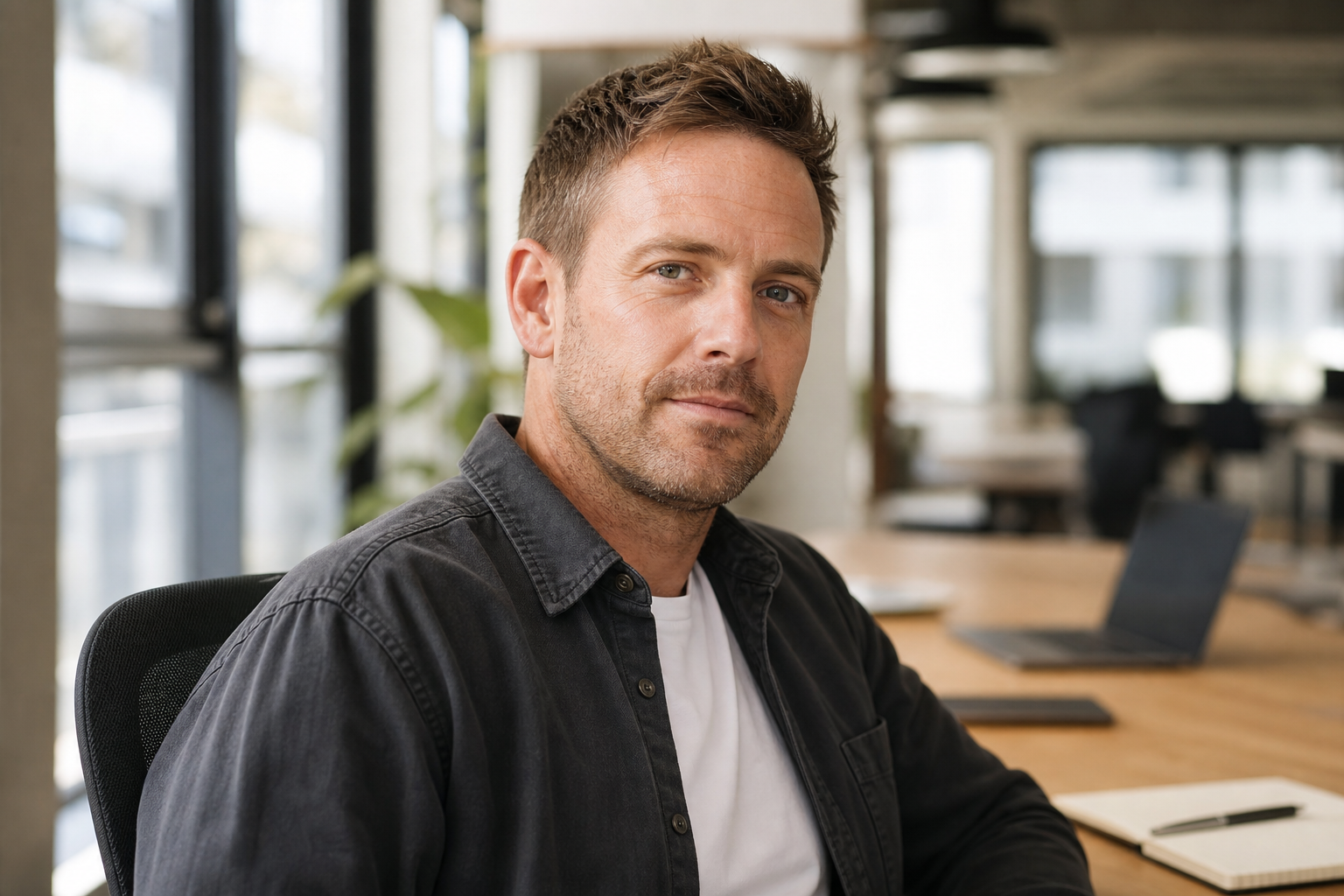 Liam Parker seated in a bright coworking space