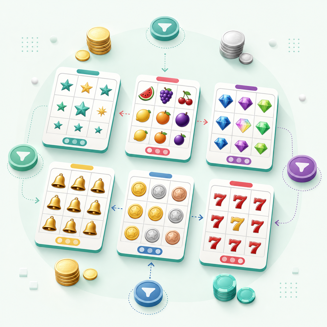 Pokie game cards arranged as a comparison grid with filter icons